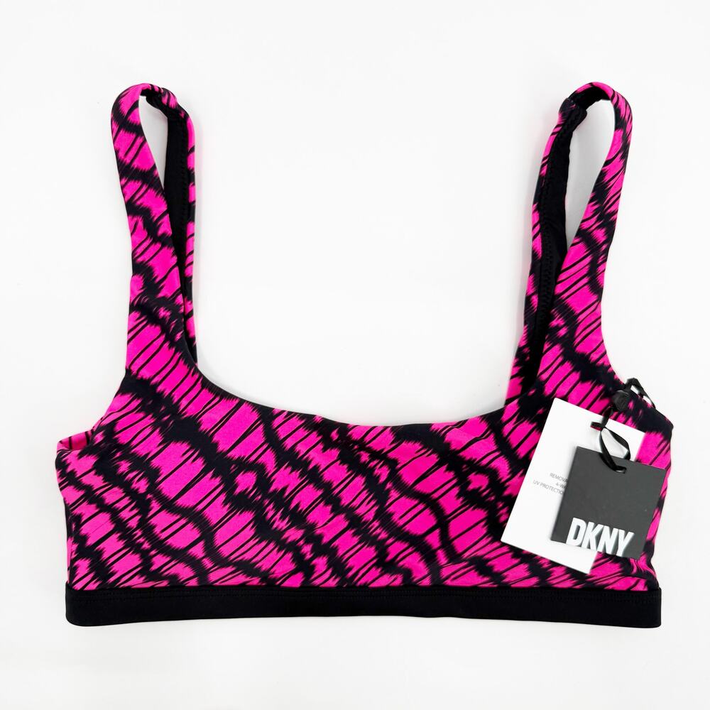 DKNY Bikini Top Size Medium NWT Printed Square Neck Hot Pink Black Swim Sporty